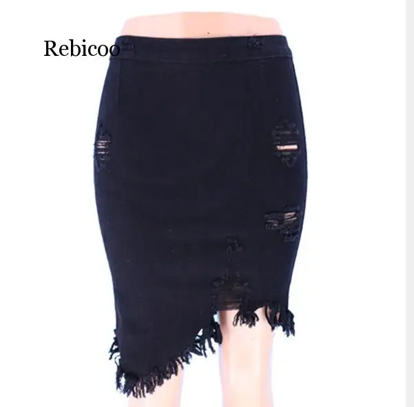 Ассиметричная черно-белая Джинсовая Юбка-миди с дырками кисточками 2020 высокой