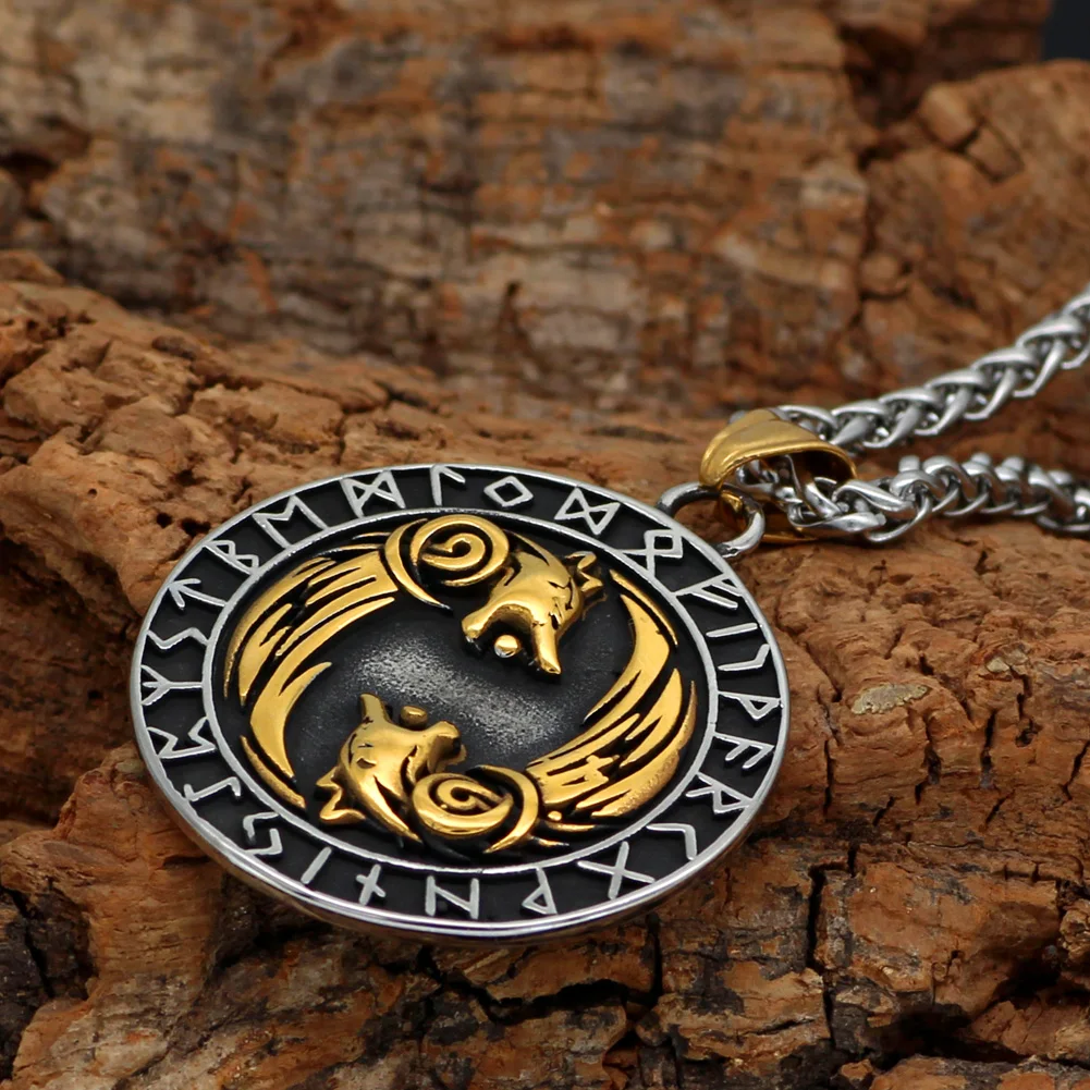 Скандинавский Викинг Stainlesss Steel Geri и Freki Wolf ожерелье с дизайном Руна подарочной