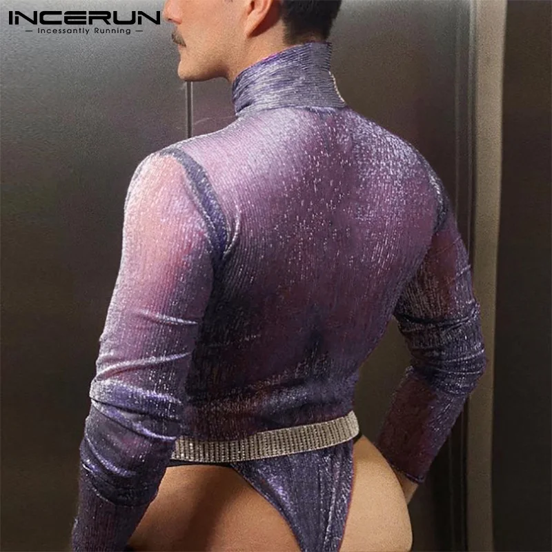 

Стильные мужские удобные Комбинезоны для дома с длинным рукавом, блестящие тканевые комбинезоны с длинным рукавом, треугольные комбинезон...