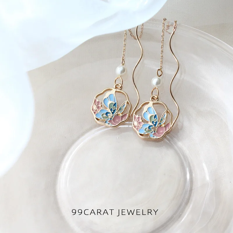 

Earrings Love Of Butterfly Enamel Drip Glazed Round Pendant Long Ear Threads Texture Han Chinese Clothing Accessories