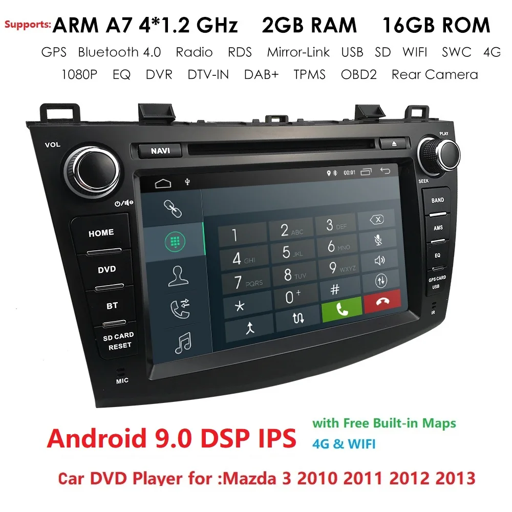 " Android9.0 автомобильный dvd-плеер для Mazda 3 Мазда 2010-2013 с BT 4G Wifi радио gps 2GRAM SWC RDS DVR DAB DTV зеркало-ссылка