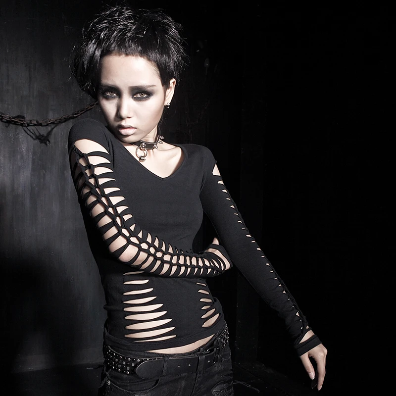 Женский топ в стиле панк-рейв черные топы с вырезами и длинным рукавом панк