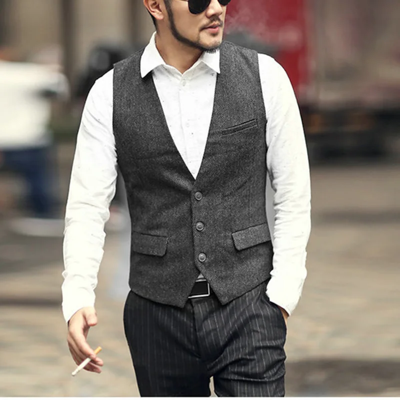 Men's Vest Army Green V Neck Casual Waistcoat Suit Herringbone Tweed Wool Tuxedo For Wedding | Мужская одежда