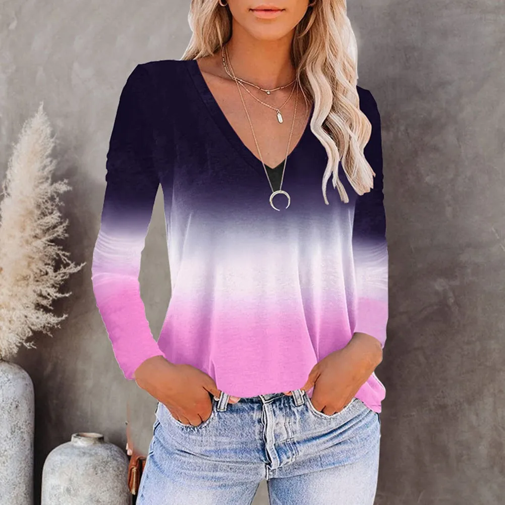 

Women Long Sleeve T Shirt Blouse Casual V-Neck Pullover Gradient Print Tops Heart Print Loose Large Size T-shirt Fashion Top