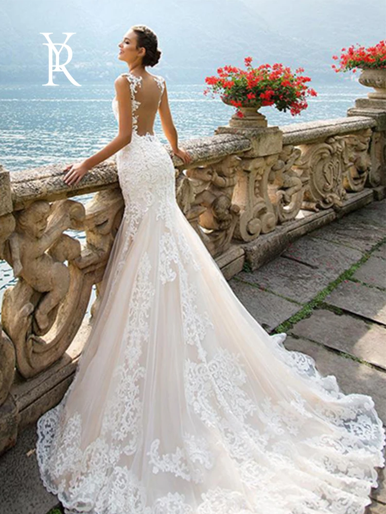 

YILIBER New Mermaid wedding dress o-neck sleeveless embroidery applique embroidery applique backless big skirt