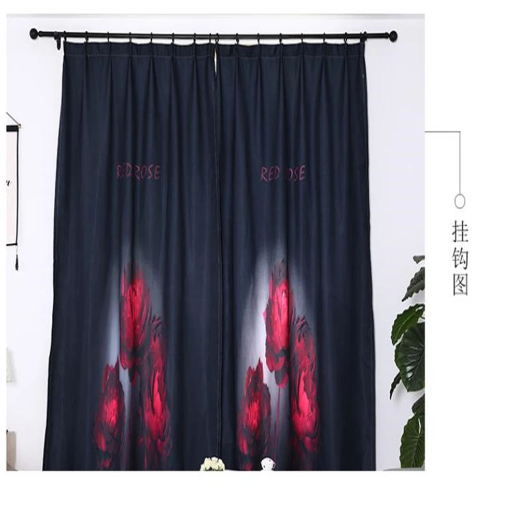 black curtains red rose curtain New simple and modern bedroom living room finished shading |