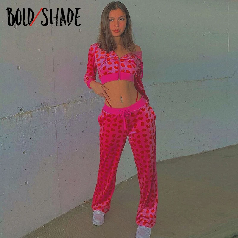 

Bold Shade 90s Aesthetic Heart Print Sets Indie Harajuku Y2K Hoodies and Pants Matching Set Streetwear Fashion Casual Outfits