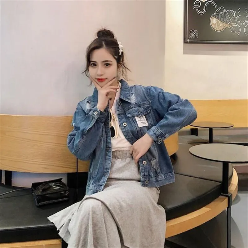 Винтажные однотонные джинсы джинсовая куртка для женщин Свободные повседневные