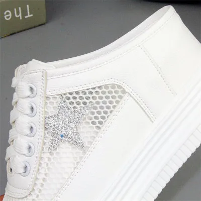 

2021 summer new net yarn breathable thick bottom inner increase casual large size women's half-support shoes
