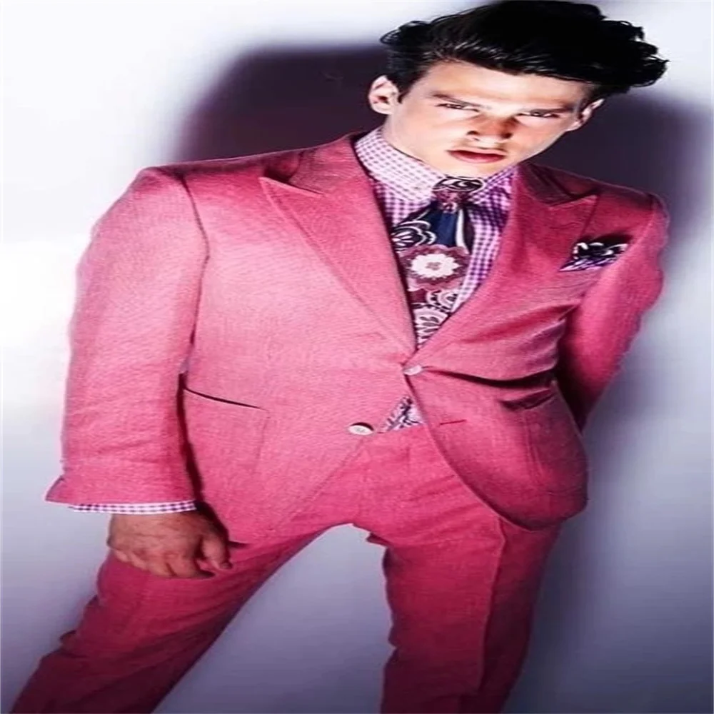 

New Pink Pointed Lapel Two Button Men's Suit Fashion Tuxedo Cool Handsome Banquet 2-Piece Suit(Top + Pants + Tie + Handkerchief)