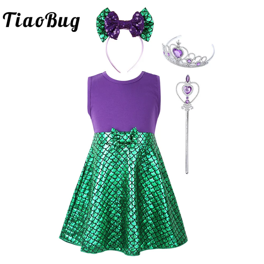 Детская одежда для маленьких девочек блестящие в форме русалки с принтом платье