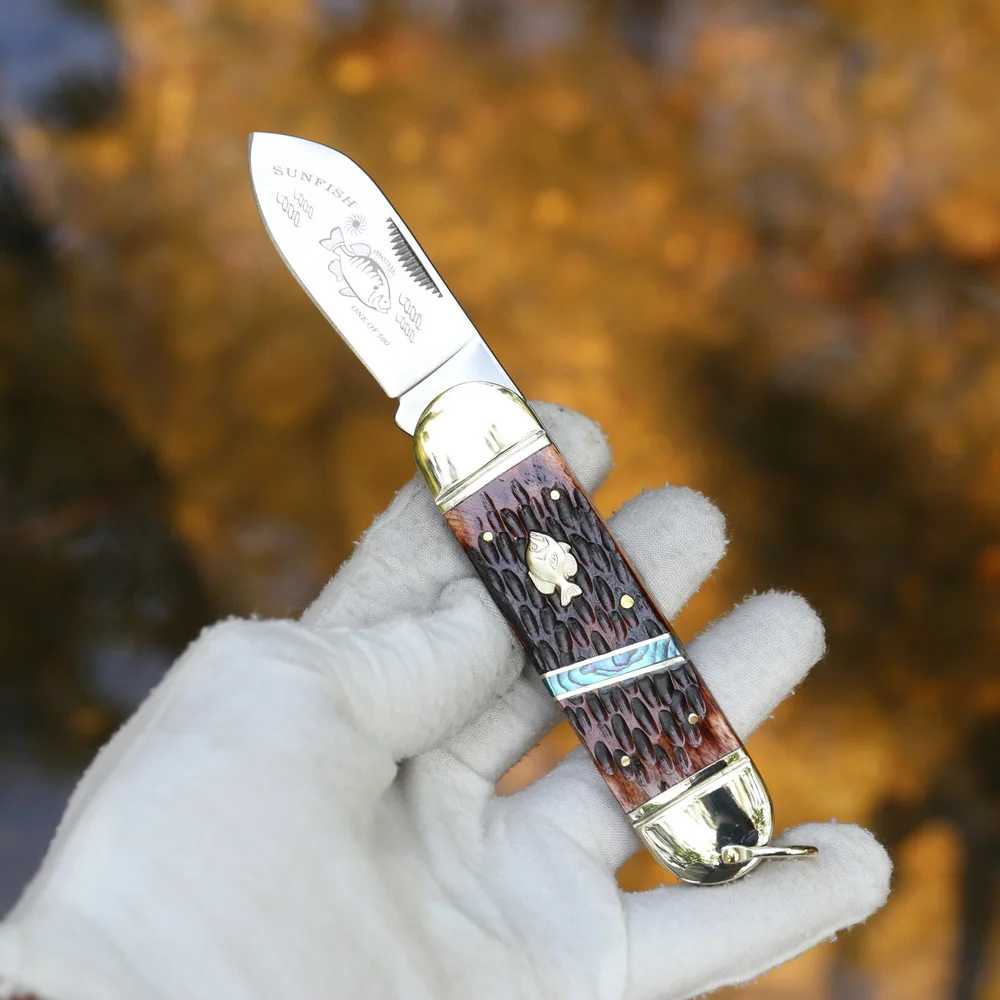 4116 Стальное зеркальное лезвие складного ножа Sunfish с костяной рукояткой, покрытой кожей + латунная рукоятка для активного отдыха, охоты и кемпинга - набор ножей для использования в повседневных целях.