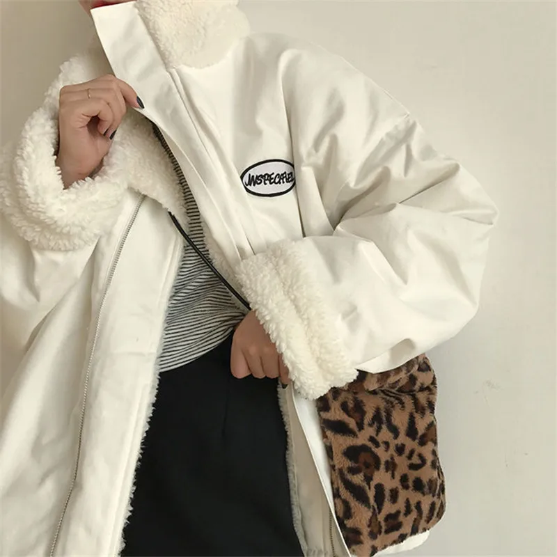 

Autumn Winter Women Jacket Cotton Wool liner Loose Thick Preppy style Stand collar Wear on both sides Female Coat 2020 Oversize