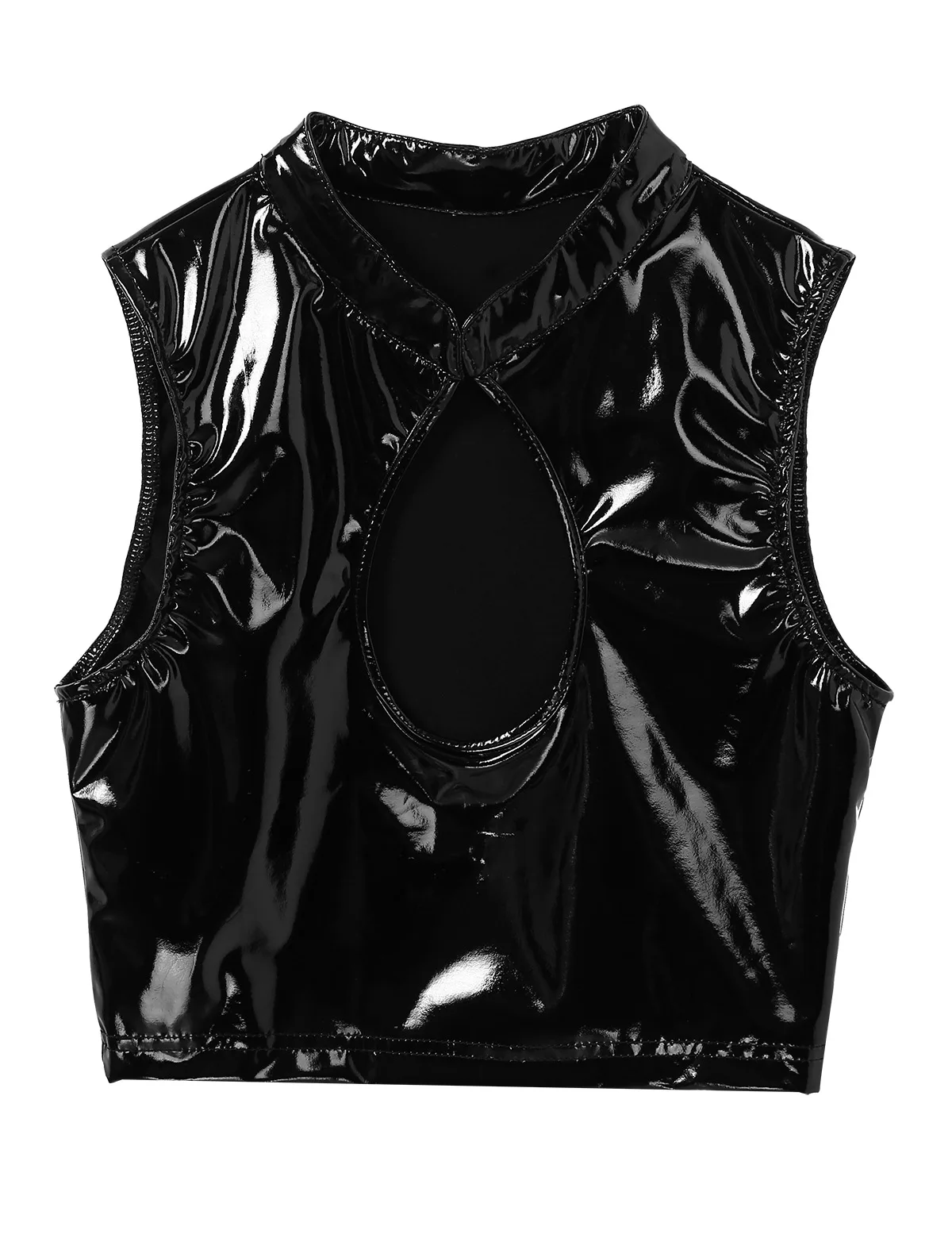 Женский укороченный топ из лакированной кожи с вырезом спереди и вырезами для
