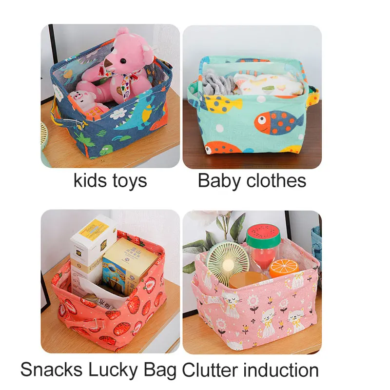 

Newly Foldable Canvas Cartoon Storage Box 4 PCS/SET with Cute Print Snack Container with Handles Household