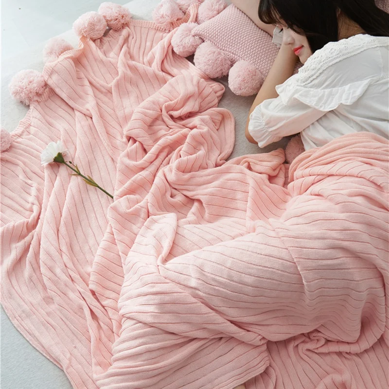 

Knitted Blankets Throws Soft Stroller with Hairball for Baby Adult