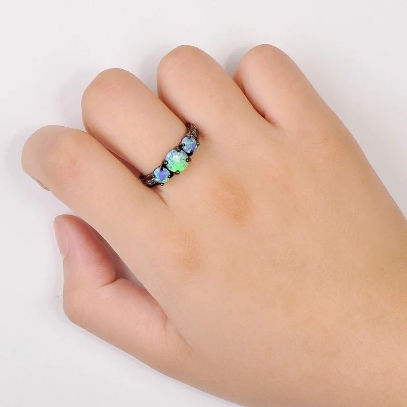 

FDLK Exquisitely Round Blue Fire Opal Black Gold Ring Fashion Charm Wedding Party Ring Female High Quality Vintage Jewelry