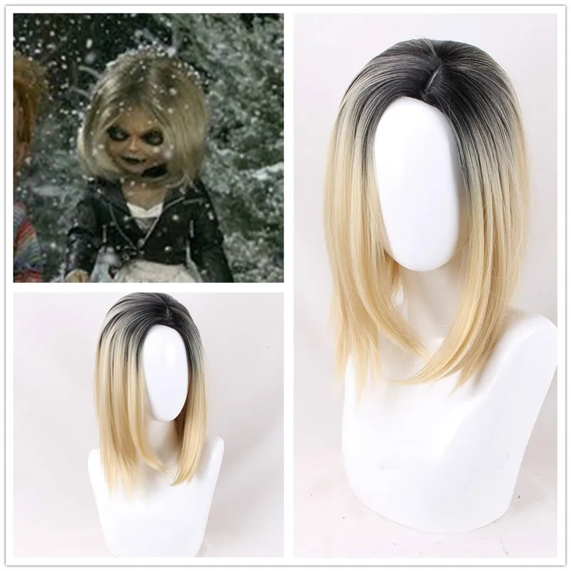 

Bride of Chucky Women Blonde Black Wig Role Play Jennifer Tilly Cosplay Middle Parting Hair + Free Wig Cap