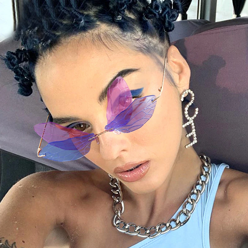 УНИКАЛЬНЫЕ Солнцезащитные очки без оправы со стрекозой розового и желтого цвета