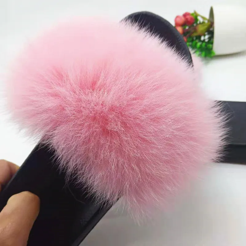 Шлепанцы женские из натурального Лисьего меха сланцы пушистые меховые сандалии