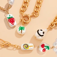 cute new baroque imitation pearl graffiti rainbow lollipop strawberry pendant necklaces gold chain choker necklaces for women