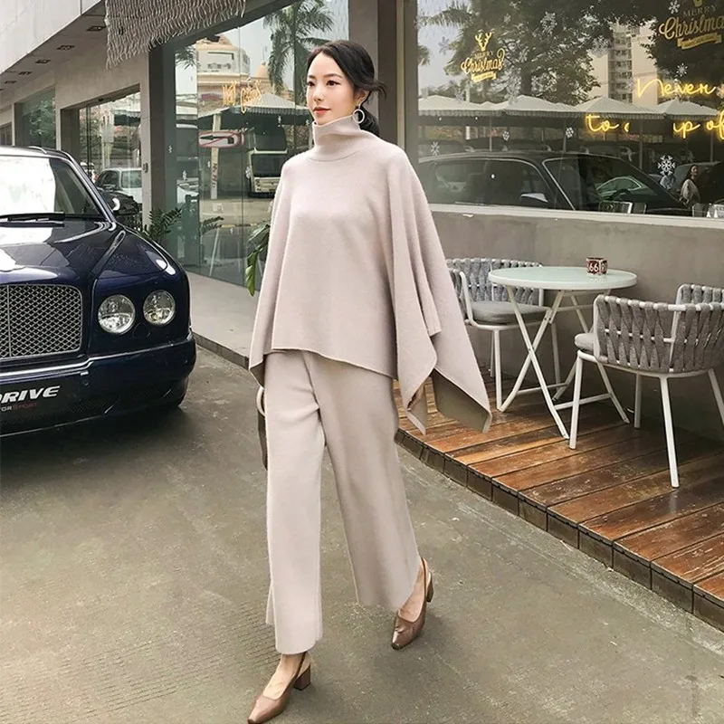 Новинка Зимний вязаный комплект из 2 предметов Женский однотонный топ с высоким