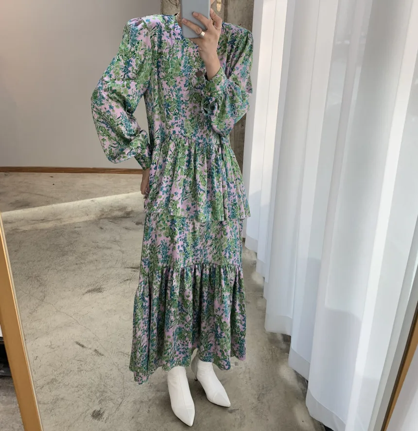 

Floral Print Summer Long Midi Dress Women O-Neck Long Sleeve Casual Vintage Korean Party Dress Spring Elegant Ruffles Boho Z233