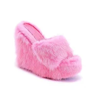 2021 winter slippers women warm fluffy platform round high heels head wedges full mink soft sandals fashion outdoor female 43