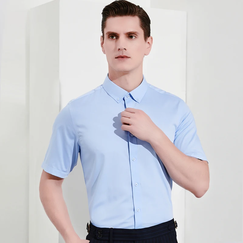 

Men's Button-down Casual Non-iron Bamboo-fiber Shirt Pocket-less Design Summer Short Sleeve Standard-fit Dress Shirts
