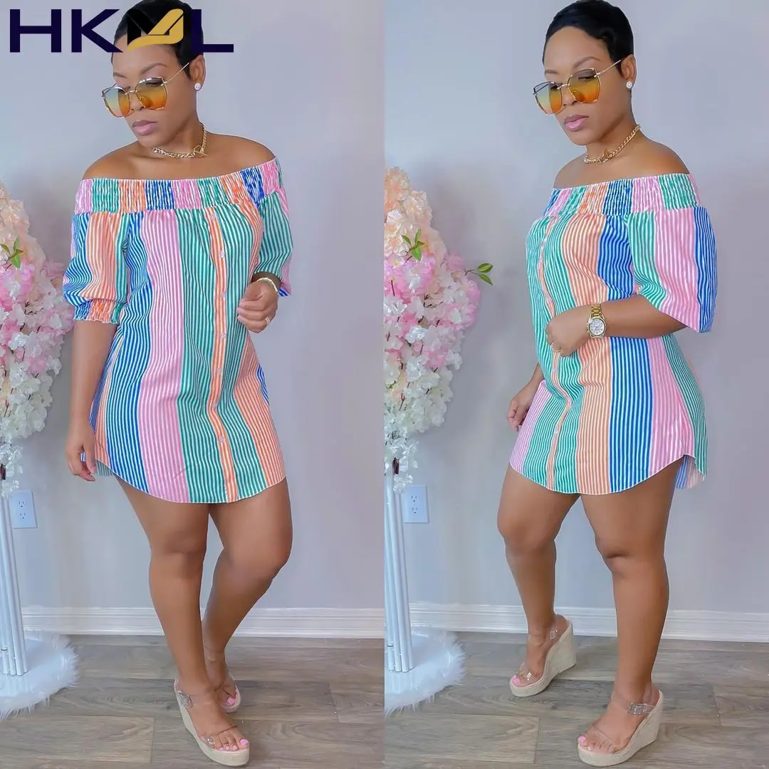 

Women Dress Summer 2021 Irregular Color Short Sleeve One Line Collar Sexy Fashion Loose Mini Dress