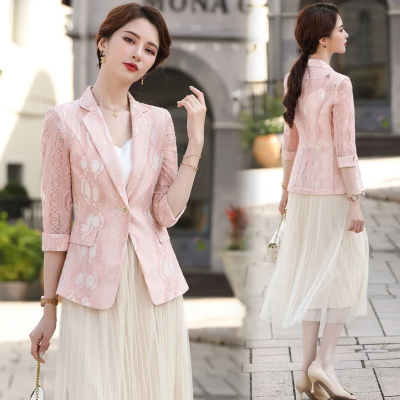 

2021 spring and summer suit women's lace cardigan medium sleeve pink Korean women's jacket color women's suit jacket