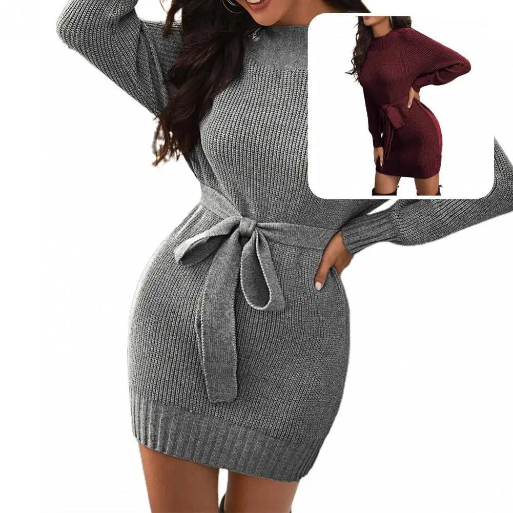 

Sweater Dress Trendy Half High Collar Belt Sweater Dress Stretchy Above Knee Sweater Mini Dress
