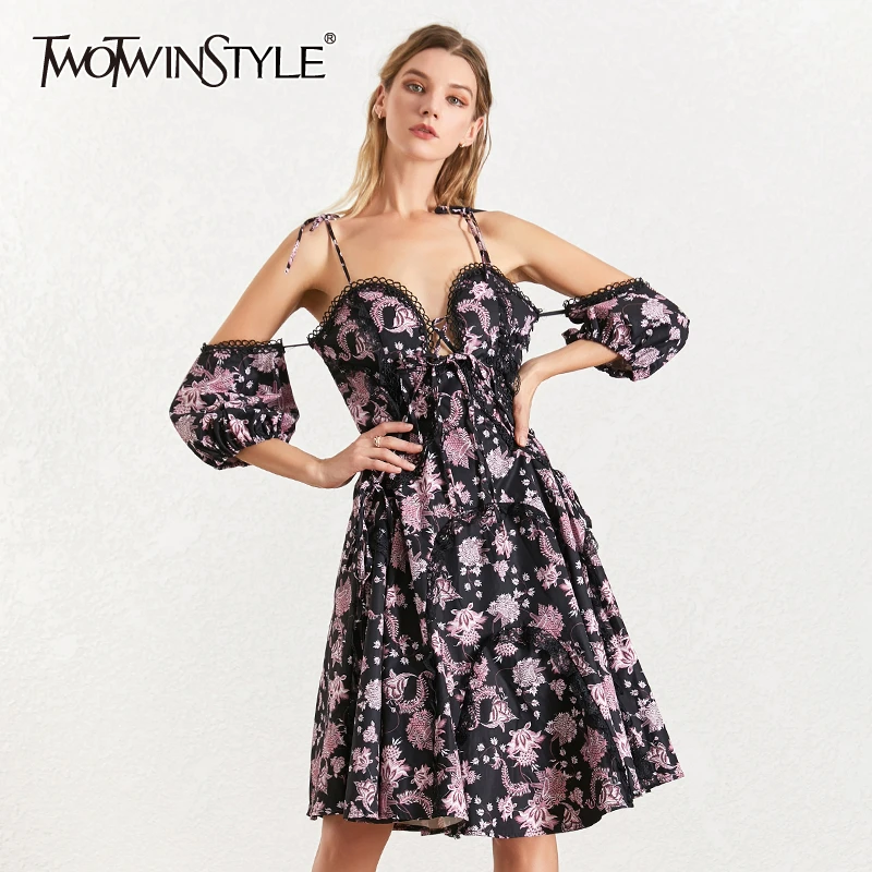 TWOTWINSTYLE летние платья на бретелях с принтом для женщин открытыми плечами пышными