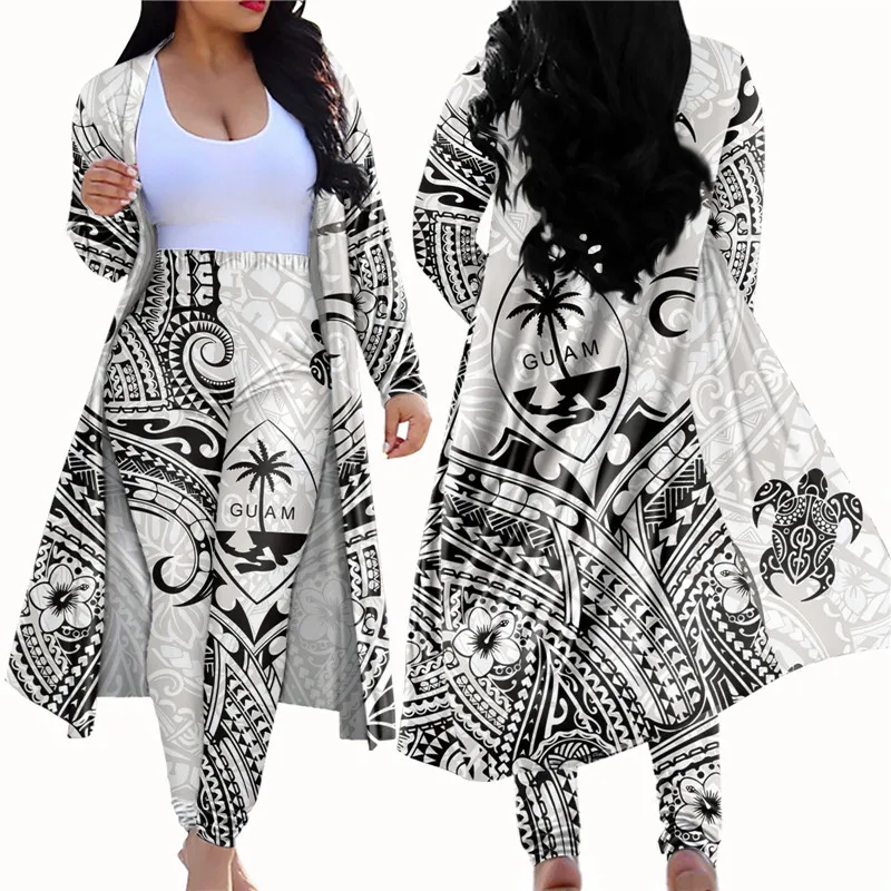 

Летний комплект из 2 предметов, женский кардиган с принтом Гуам, Тренч, топ, облегающие брюки, костюм, повседневная одежда, пикантный полинез...
