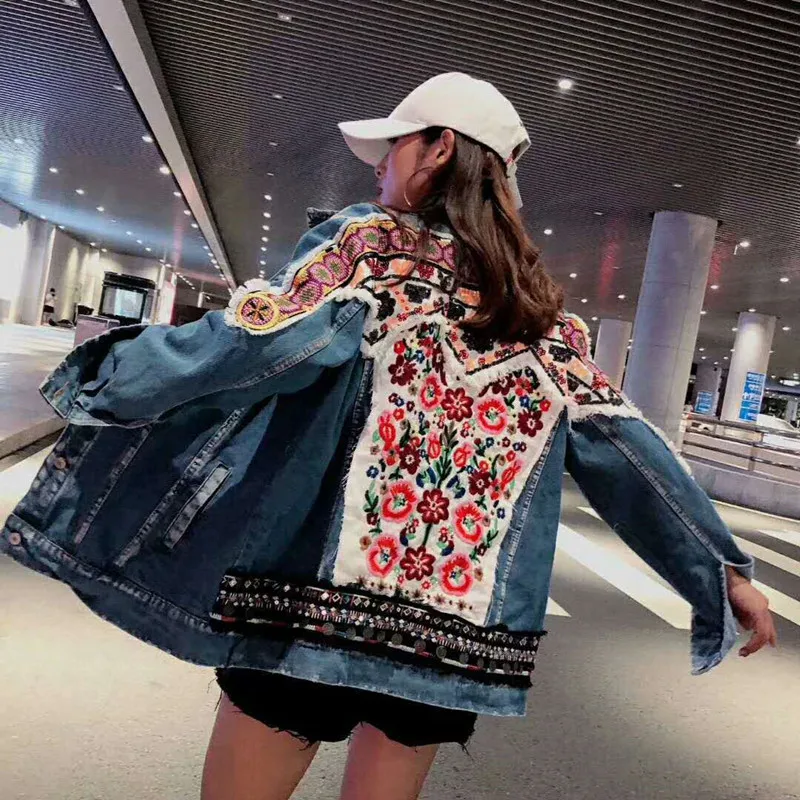 

Bohemian Floral Embellished Denim Jacket Women Autumn & Winter Jacket Coat Female Folk Appliques Chic Women Outwear Y302