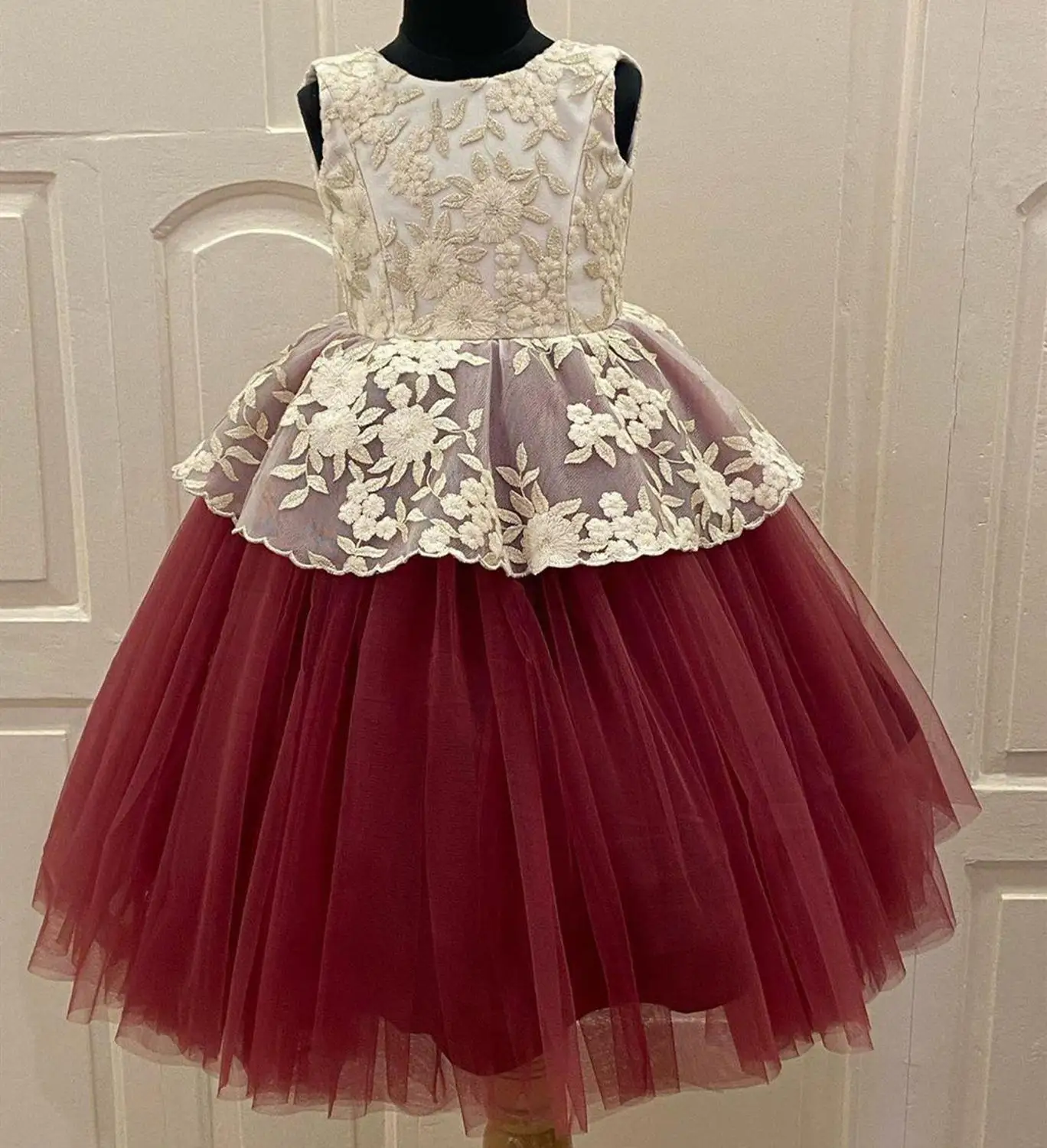Burgundy Puffy Tulle Flower Girl Dress for Wedding Lace O Neck Kids Clothes Birthday Party Gown Pageant Dress