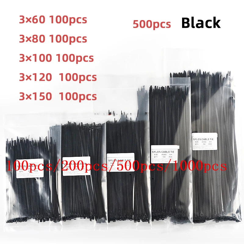 

1000/300/100pcs 3x100 150 200 Mm Tyrap Assorted Self-Locking Nylon Cable Ties Plastic Zip Tie Loop Wire Wrap Zip Ties