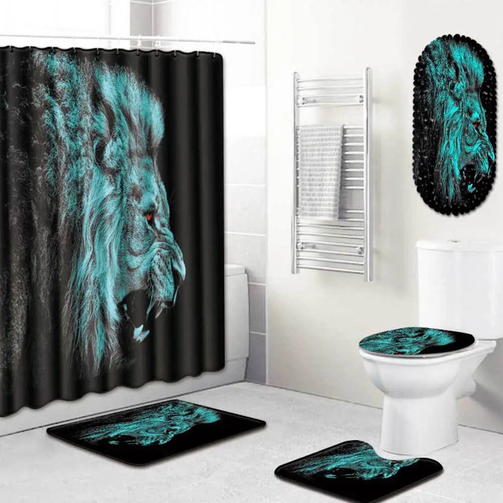

Lion Shower Curtain Bathroom PVC Mat Five-Piece Bathroom Toilet Carpet Shower Room Mat Mat Pattern bathroom mats and rugs