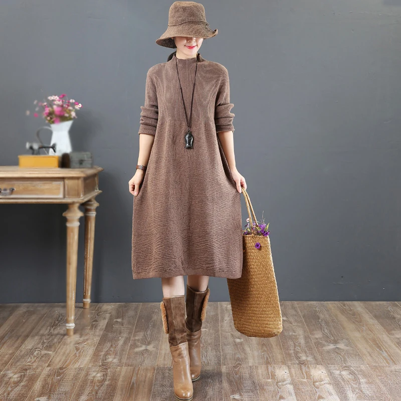 Трикотажное платье-свитер Хлопковый пуловер с высоким воротом и длинным рукавом