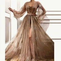 vintage long sleeves split evening dresses 2022 women sequin crystal formal party robe de soiree elegant vestido prom maxi dress