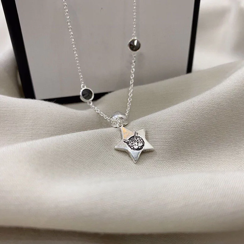 

Ag 925 Sterling Silver Luxury Stars, Cat Face Necklace, Fashion Charm Necklace For Ladies, Valentine's Day Birthday Gift