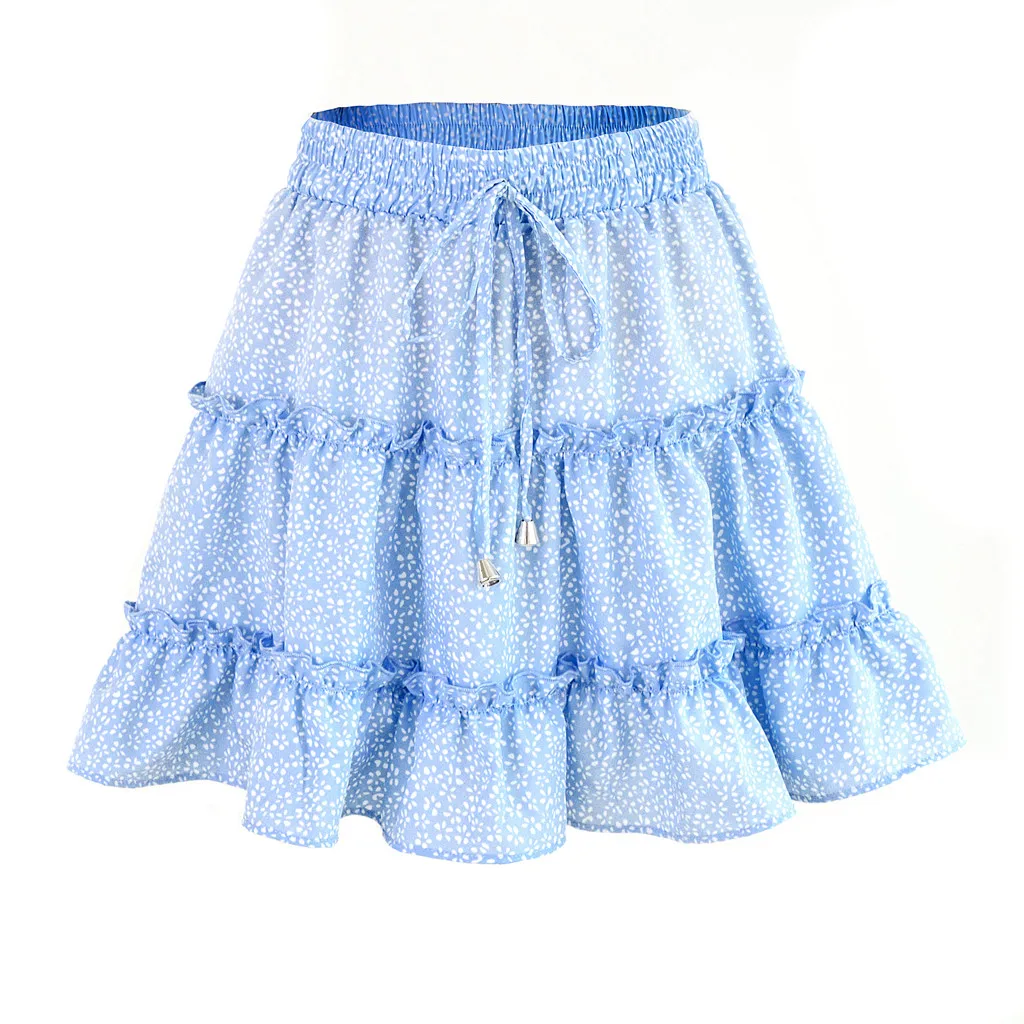 

Women Summer Casual Bohe High Waist Ruffled Floral Print Beach Short Skirt Female New Fashion Elastic Mini Skirt