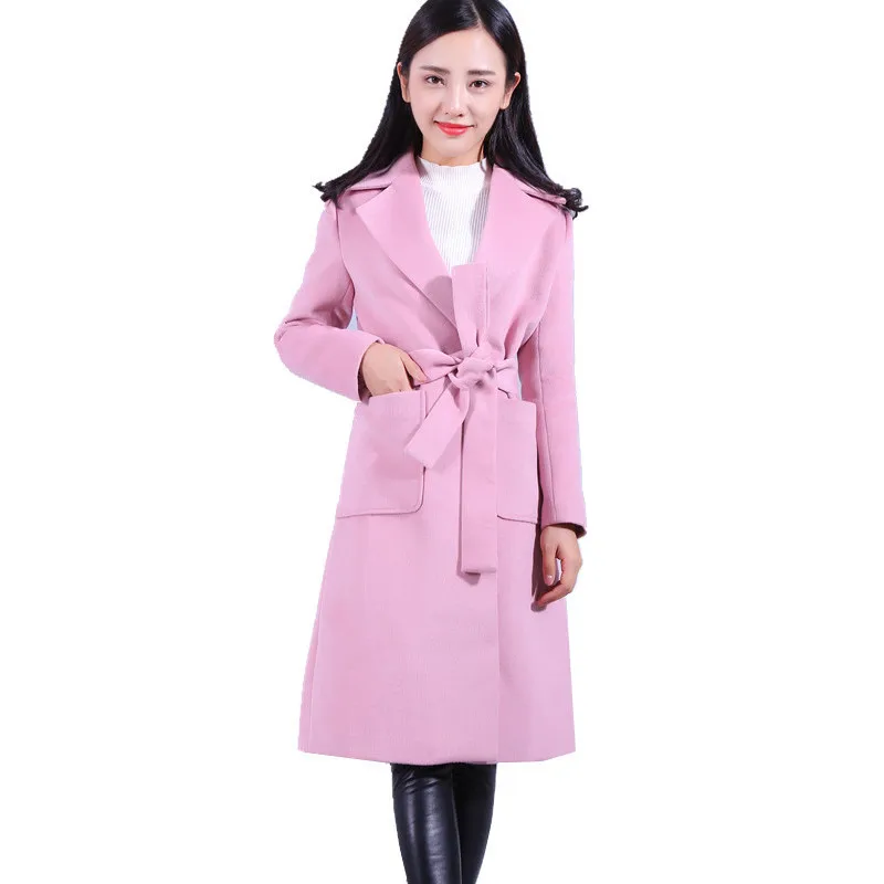 

Woolen Coat Women Pink 2020 Winter New Fashion Temperament Slim Camel Belt Thick Long Sleeve Lapel Blends Jacket Feminina LR1003