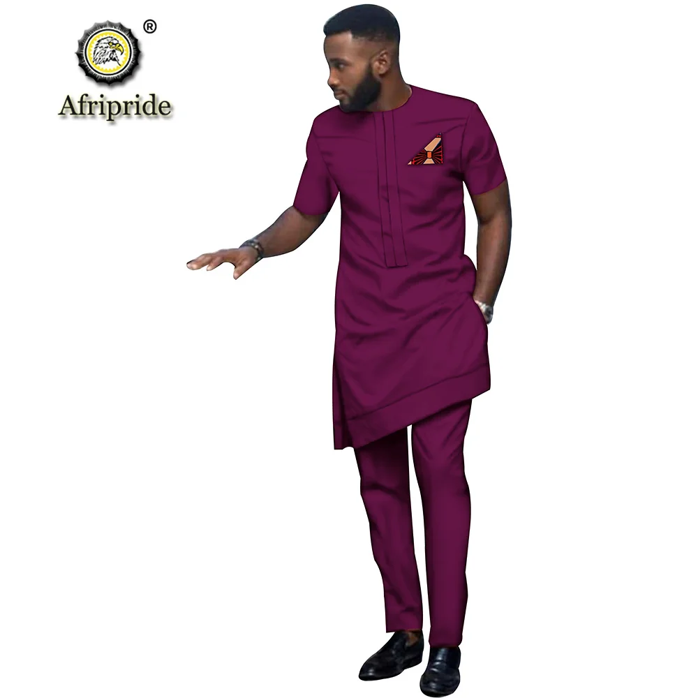 2019 African Men Clothing Tribal Outfit Printed Long Shirt Pant 2 Piece Set Dashiki Short Sleeve Tracksuit AFRIPRIDE S1916016