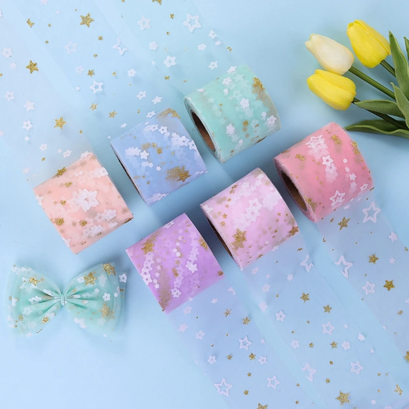 

6cm 25Yards Decorative Golden Star Glitter Tulle Ribbon Rolls Wedding Decoration Halloween Party Gift Ribbon