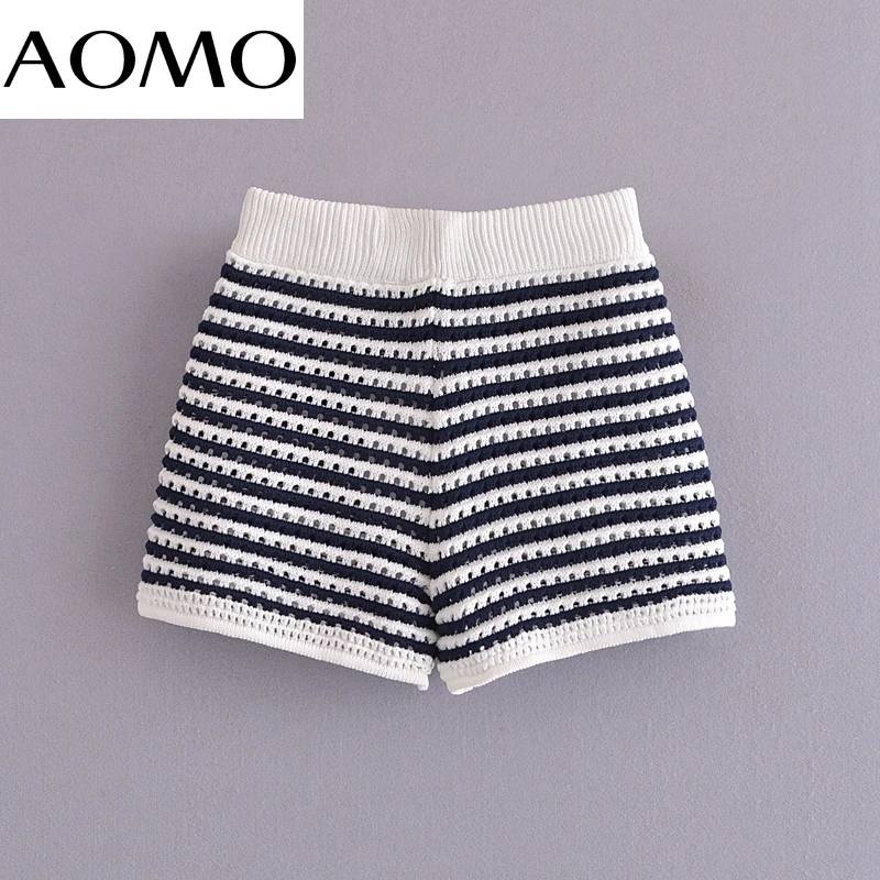 

AOMO Women Elegant Striped Knit Shorts Strethy Waist Female Retro Basic Casual Shorts Pantalones SW42A
