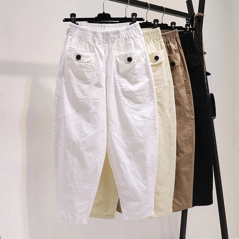 

Summer Cotton Linen Harem Pants Women Fashion Pocket High Waist Carrot Pants Casual Loose Elastic Waist Nine Points Pants H1510