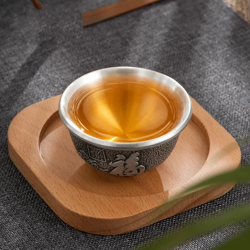 Taza de t&eacute; de plata 999 pura, juego de t&eacute; de plata de personaje Fu, taza de agua de plata, taza de degustaci&oacute;n pr&aacute;ctica, taza de Kung Fu-5