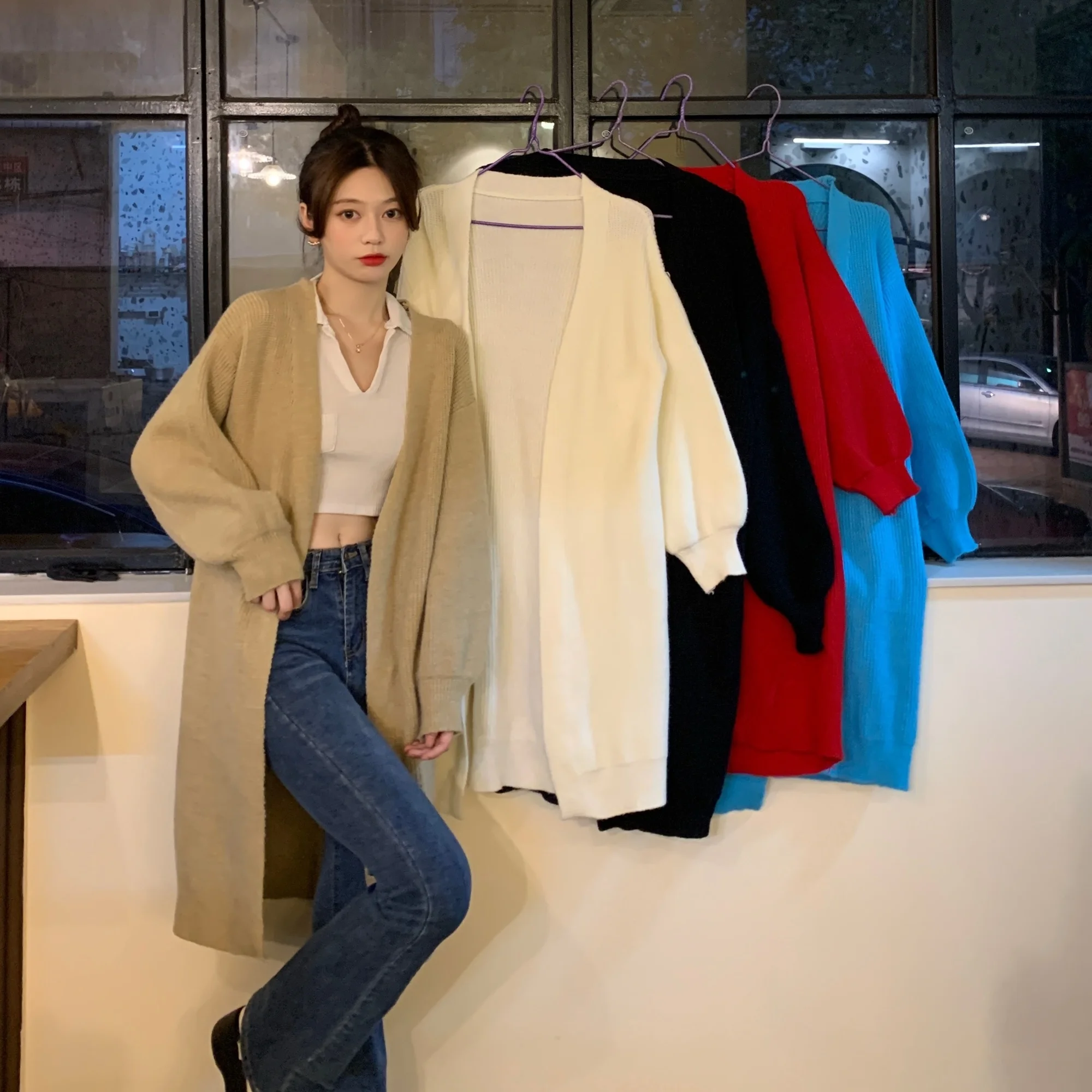 Kobiety jesień i zima sweter płaszcz koreański mody dopasowany jednolity kolor odchudzanie luźne długie dzianiny śliczne Cardigan 가디건 여성