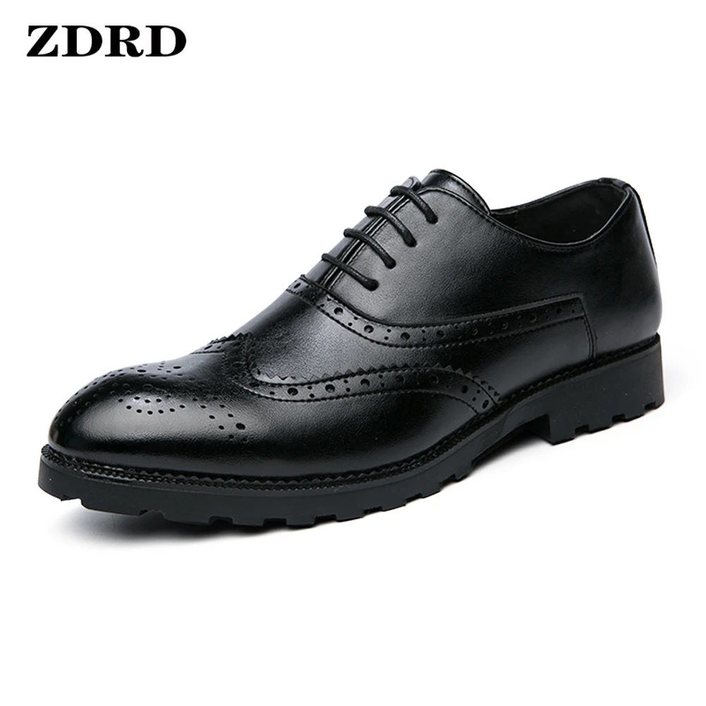 

Spring Genuine Leather Oxford Dress Shoes Men Lace Up Cap Office Wedding Shoes Black Brogue Pointed Toe Oxfords Formal Shoes Men